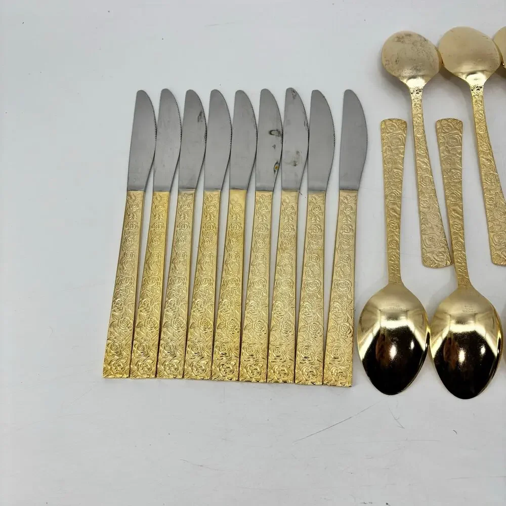 Vtg Hollywood Regency Dinner Spoons Fork Gold Stainless Steel 25 Pieces Japan